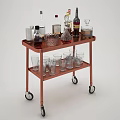 Copper Bar Cart With Various Bottles And Glasses On Wheels 3d model