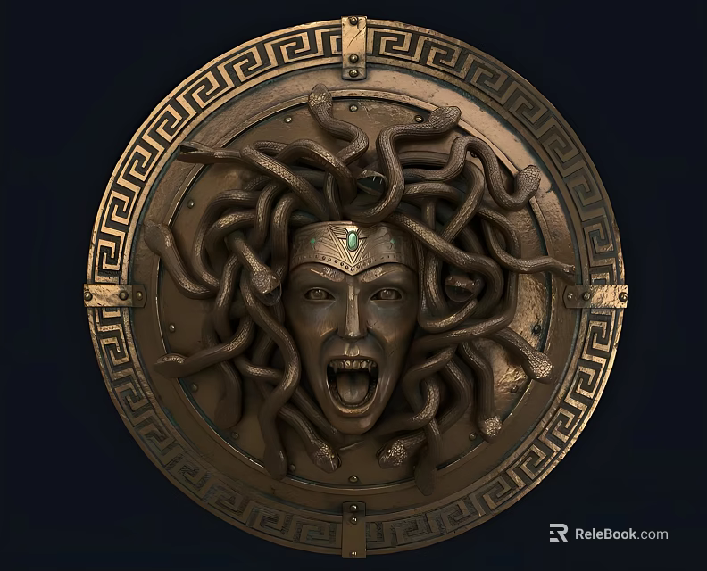 Circular Bronze Medusa Head Relief Sculpture With Green Gem Greek Pattern And Snake Hair 3d model 