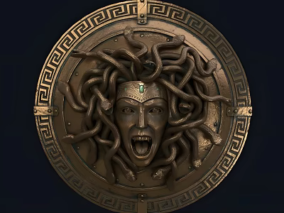 Circular Bronze Medusa Head Relief Sculpture With Green Gem Greek Pattern And Snake Hair 3d model