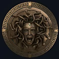 Circular Bronze Medusa Head Relief Sculpture With Green Gem Greek Pattern And Snake Hair