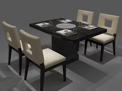 Modern Dining Table Set With Black Marble Top Four Upholstered Chairs Wooden Legs 3d model