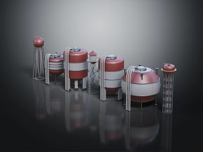 Industrial Red And White Cylindrical Storage Tanks With Metal Frames And Pipes 3d model