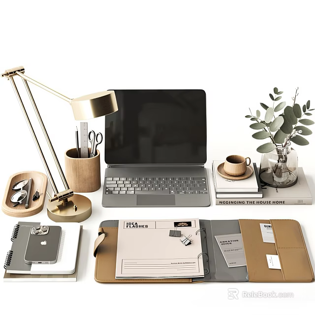 Office Desk Decorative Ornament Set Featuring Golden Lamp Laptop Stationery Coffee Cup And Green Plant 3d model 