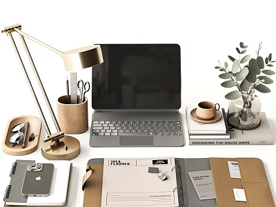 Office Desk Decorative Ornament Set Featuring Golden Lamp Laptop Stationery Coffee Cup And Green Plant 3d model