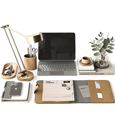Office Desk Decorative Ornament Set Featuring Golden Lamp Laptop Stationery Coffee Cup And Green Plant 3d model