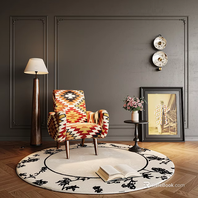 Colorful Patterned Accent Chair on Round Rug with Floor Lamp Side Table and Wall Art 3d model 