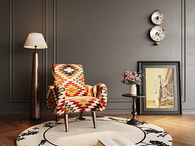 Colorful Patterned Accent Chair on Round Rug with Floor Lamp Side Table and Wall Art 3d model