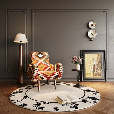 Colorful Patterned Accent Chair on Round Rug with Floor Lamp Side Table and Wall Art 3d model