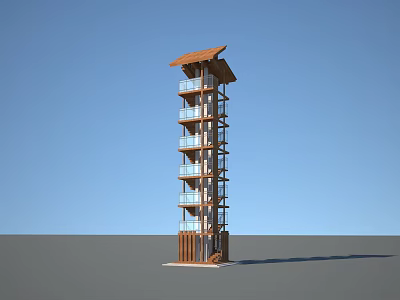 Modern Wooden Tower With Multiple Balconies And Sloped Roof Against Blue Sky 3d model