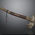 Primitive Tribal Weapon Axe With Wooden Handle Leather Straps Colorful Beads And Bone Head