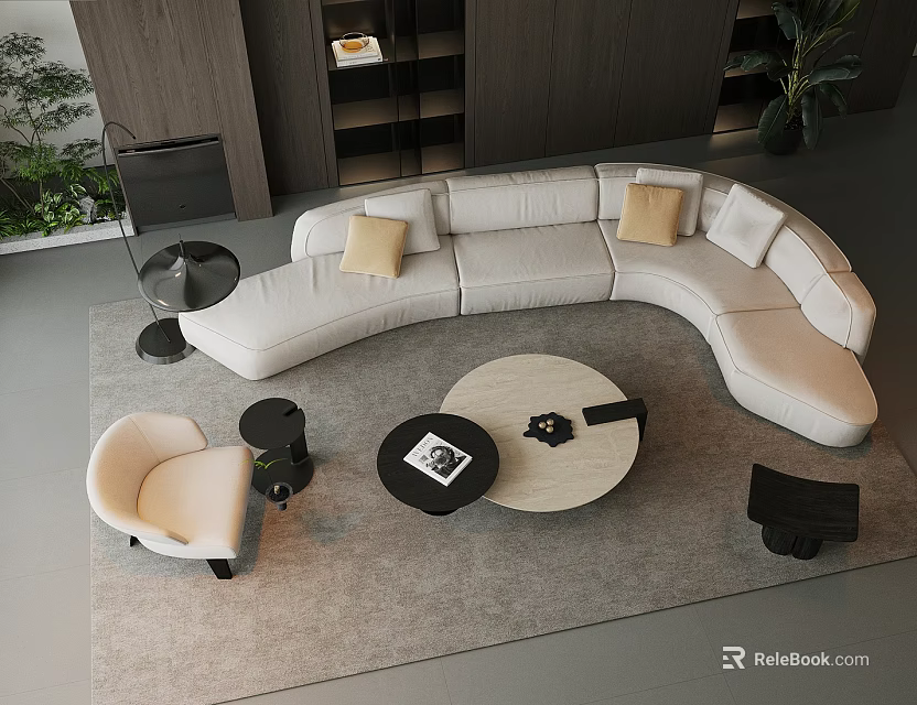 Modern Curved White Sofa And Round Coffee Table With Accent Pillows In Modern Living Room 3d model 