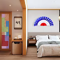 Hotel Guest Room Interior With Blue White Red Fan Shaped Decoration Wooden Nightstand And Chair