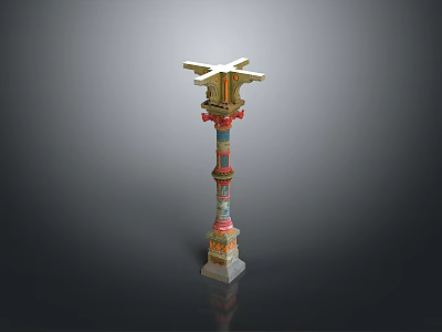 Scenic Landscape Featuring Colorful Decorative Pillar With Bird Shaped Top Square Base And Striped Design 3d model