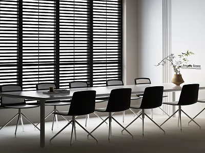 Modern Conference Room Interior Featuring Long Table Black Chairs Window Blinds Vase And Green Plants 3d model