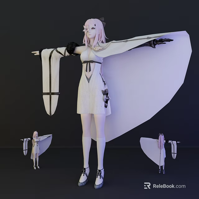 Game Movie Character Pink Haired Female White Dress Long Cape Black Accents Multiple Poses 3d model 