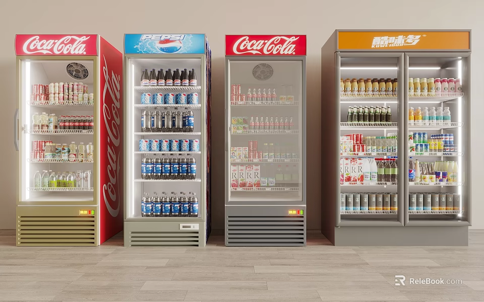 Commercial Beverage Display Refrigerators Stocked With Various Drinks For Retail Store 3d model