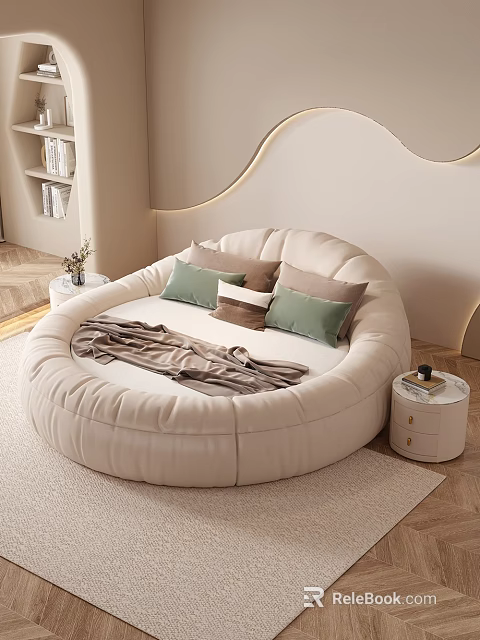 Modern Round Bed with Green Brown Pillows and Blanket in Cozy Interior with Nightstands 3d model 