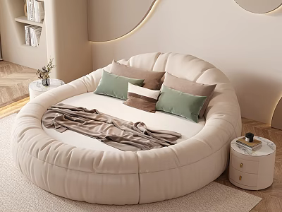 Modern Round Bed with Green Brown Pillows and Blanket in Cozy Interior with Nightstands 3d model