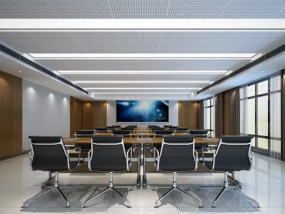 Modern Conference Room Interior With Long Table Black Chairs Large Screen And Windows 3d model