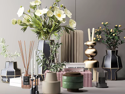 Elegant Modern Decorative Ornament Sets With Vases Greenery Diffusers Rabbit Figurine And Books 3d model