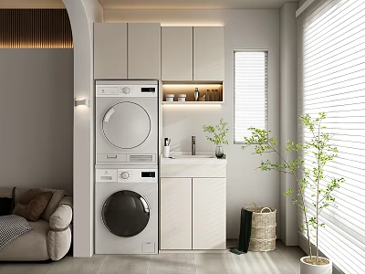 Home Balcony Laundry Area With White Cabinets Washing Machine Dryer Sink Blinds And Green Plant 3d model