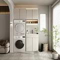 Home Balcony Laundry Area With White Cabinets Washing Machine Dryer Sink Blinds And Green Plant