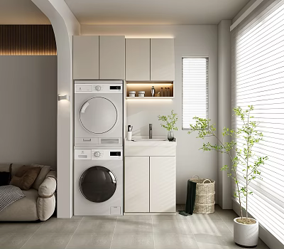 Home Balcony Laundry Area With White Cabinets Washing Machine Dryer Sink Blinds And Green Plant 3d model