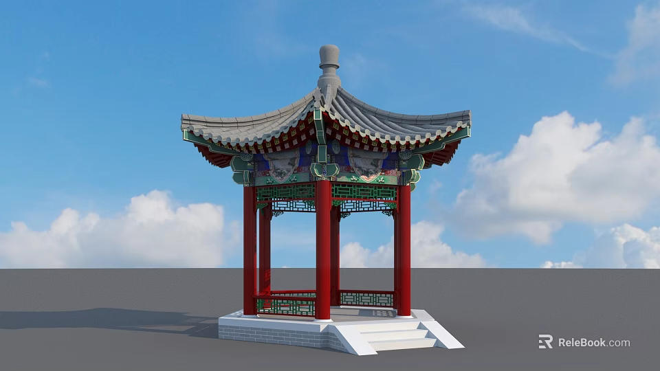 Ancient Chinese Pavilion Featuring Red Pillars Green Decorations Gray Tiles Against Blue Sky White Clouds 3d model 