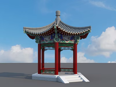 Ancient Chinese Pavilion Featuring Red Pillars Green Decorations Gray Tiles Against Blue Sky White Clouds 3d model