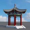 Ancient Chinese Pavilion Featuring Red Pillars Green Decorations Gray Tiles Against Blue Sky White Clouds