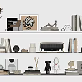 Modern Minimalist Decorative Ornament Combination On Shelves With Books Vase Figurines And Picture Frames