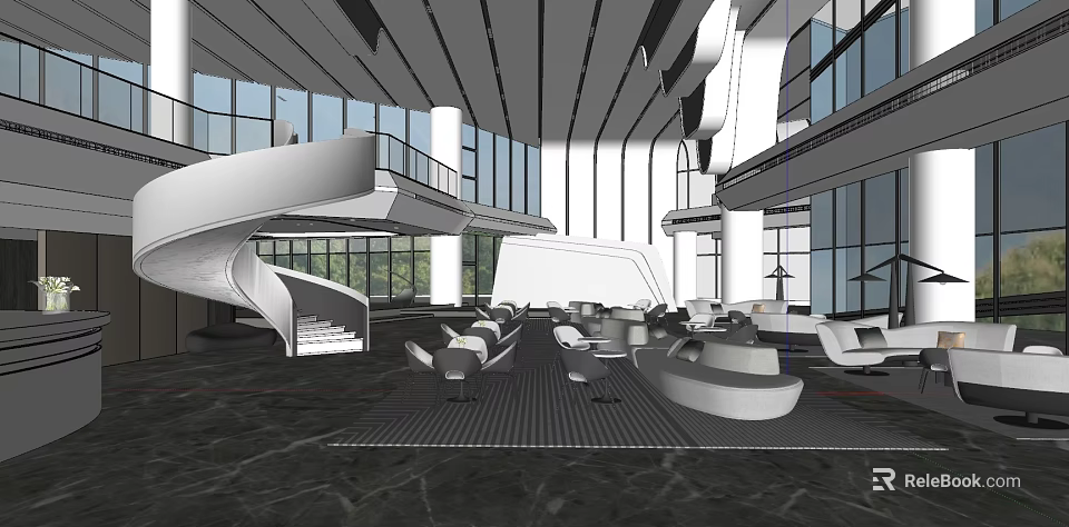 Modern Leisure Area Interior With Spacious Open Design Large Windows And White Sofas 3d model 