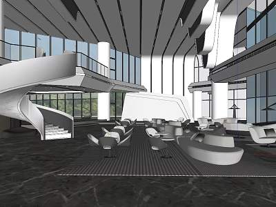 Modern Leisure Area Interior With Spacious Open Design Large Windows And White Sofas 3d model
