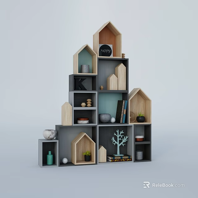 Modern House Shaped Wooden Gray Shelf With Decorative Items Books Small Plants Clock Globe 3d model 