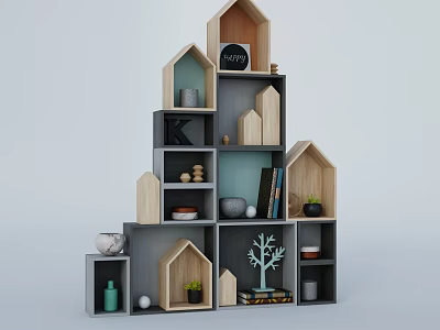 Modern House Shaped Wooden Gray Shelf With Decorative Items Books Small Plants Clock Globe 3d model