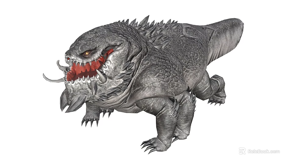 Fierce Gray Spiked Reptilian Creature With Open Mouth Red Throat And Sharp Teeth 3d model 