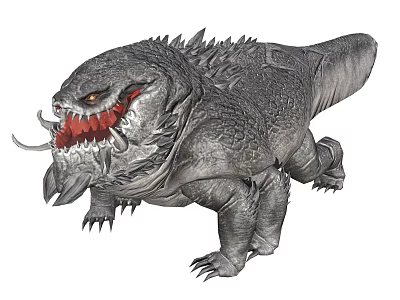 Fierce Gray Spiked Reptilian Creature With Open Mouth Red Throat And Sharp Teeth 3d model