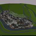 Traditional Ancient Architecture Complex With River And Green Grassland Layout Design
