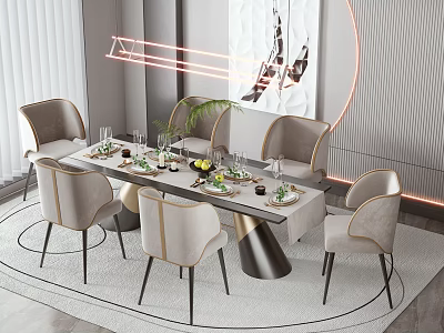 Elegant Modern Dining Table Set With Gray Chairs And Table Setting With Green Plant 3d model