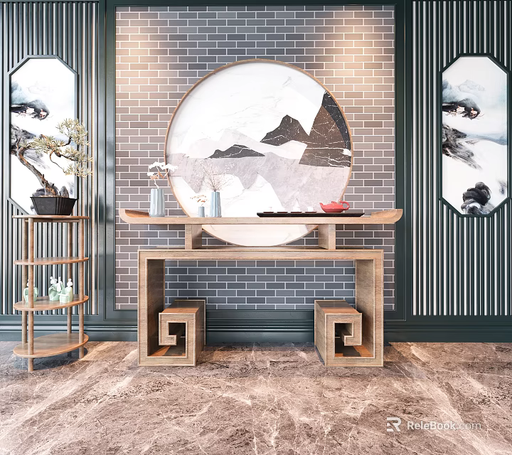 Chinese Style Console Table With Circular Landscape Painting Brick Wall And Wooden Base 3d model 
