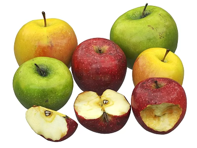 Fresh Apples in Various Colors Including Yellow Green Red Whole Sliced and Bitten 3d model