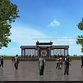 Ancient Chinese Architecture in Square with Trees People Gathering and Decorative Elements 3d model