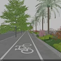Landscaped Municipal Road With Green Trees Palm Trees Marked Bicycle Lane Bushes And Flowers