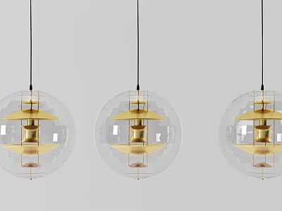 Three Modern Pendant Lights With Transparent Glass Globe And Golden Interior Structure 3d model