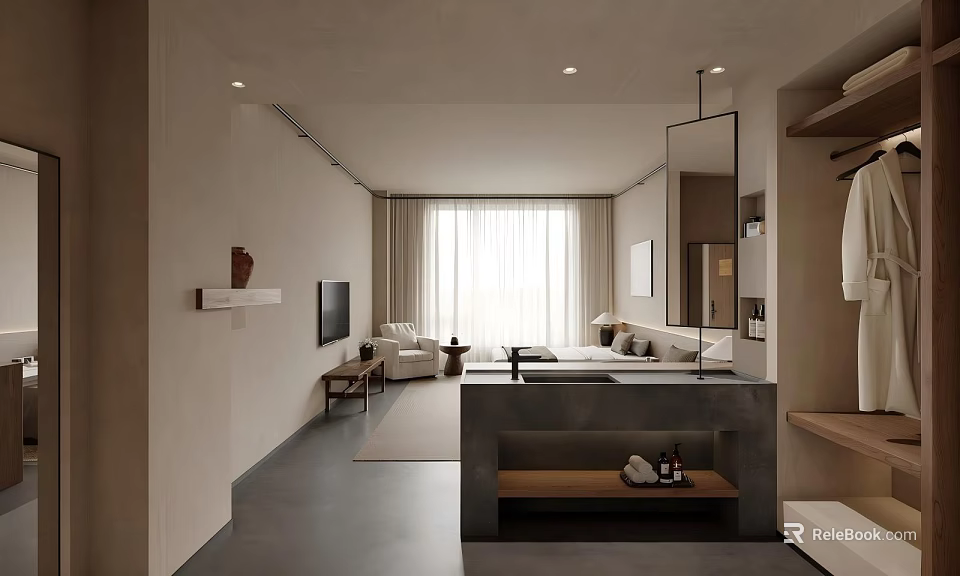 Modern Hotel Room Interior With TV Sofa Bed Window Curtains And Gray Floor 3d model 