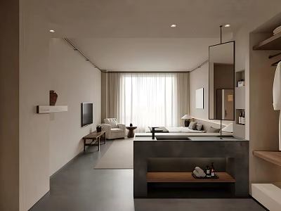 Modern Hotel Room Interior With TV Sofa Bed Window Curtains And Gray Floor 3d model