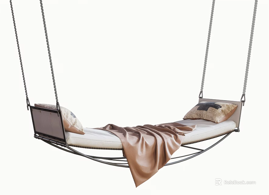 Hanging Swing Chair With Metal Chains Soft Cushion Brown Blanket And Pillows 3d model 