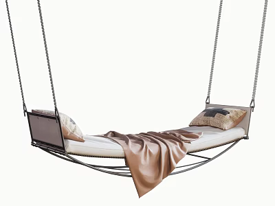 Hanging Swing Chair With Metal Chains Soft Cushion Brown Blanket And Pillows 3d model