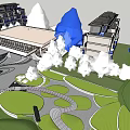 Modern Sales Office Building With Large Glass Facade Landscaped Steps And Circular Plaza