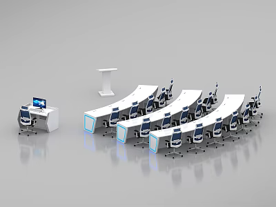 Modern Monitoring Room With Control Consoles Multiple Screens Office Chairs And Podium 3d model